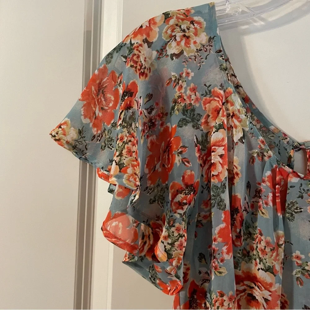 Junior Misses Forever XXI Aqua Coral Floral Sheer Top Size M - Picture 8 of 10